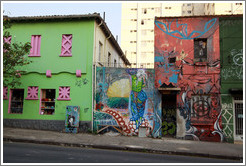 Graffiti on buildings.  Villa Magdalenda neighborhood.  Rua Cardeal Arcoverde.