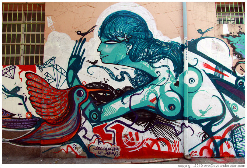 Graffiti: woman and birds.  Villa Magdalenda neighborhood.  Rua Joaquim Antunes at Rua Artur de Azevedo.