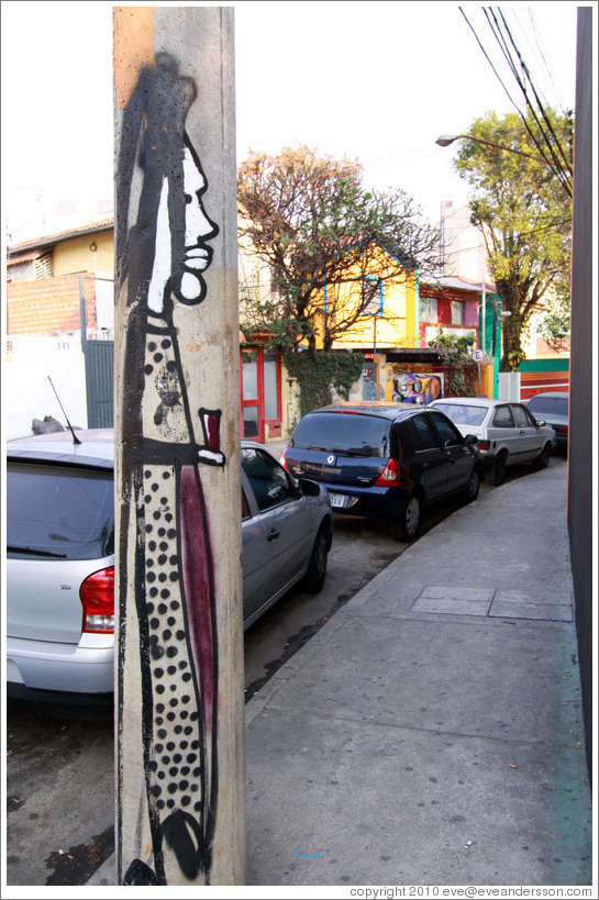 Graffiti: man with dreadlocks on lamppost.  Villa Magdalenda neighborhood.  Rua Padre Jo?Gon?ves and Rua In?o Pereira da Rocha.