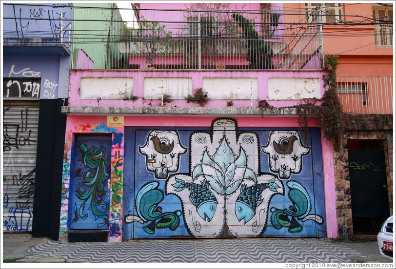 Graffiti: lotus flower, fish, birds.  Villa Magdalenda neighborhood.  Rua Padre Jo?Gon?ves near Rua Fradique Coutinho.