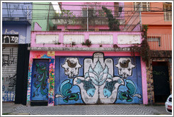 Graffiti: lotus flower, fish, birds.  Villa Magdalenda neighborhood.  Rua Padre Jo?Gon?ves near Rua Fradique Coutinho.
