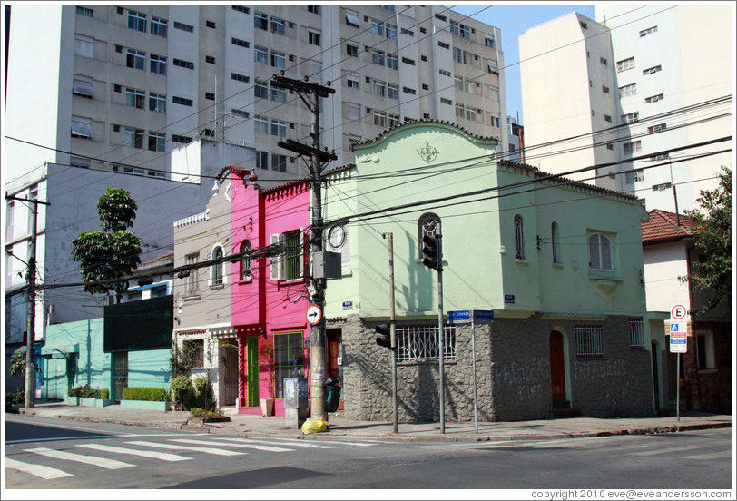 Grey, pink and green building.  Rua Artur de Azevedo and Rua Sim??lvares.  Villa Magdalena neighborhood.