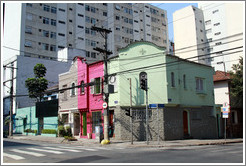 Grey, pink and green building.  Rua Artur de Azevedo and Rua Sim??lvares.  Villa Magdalena neighborhood.