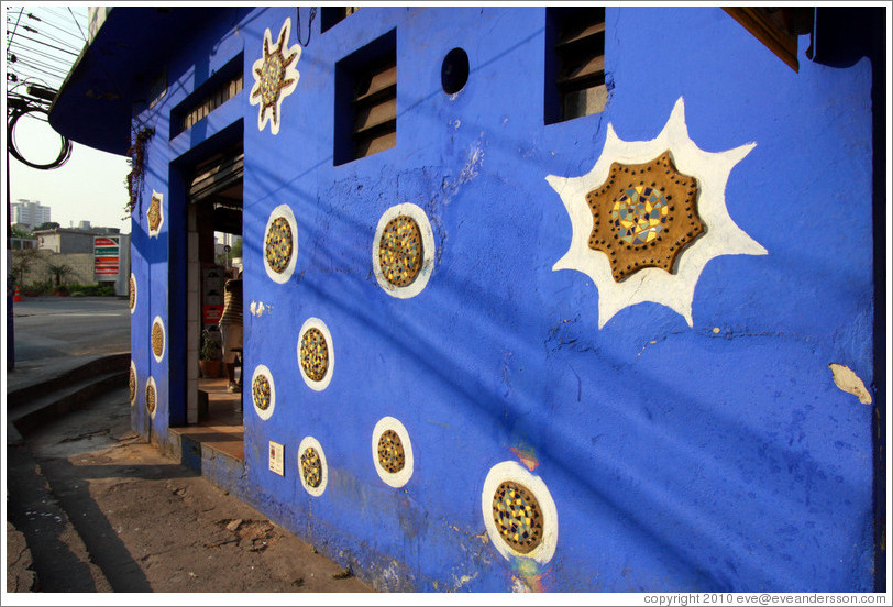 Blue restaurant with star-like tiles.  Rua Belmiro Braga.  Villa Magdalena neighborhood.