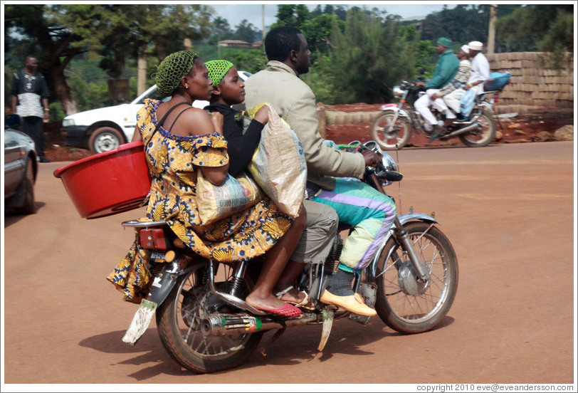 Two sets of three people riding motorcycles.