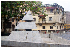 Pyramid-shaped fountain.