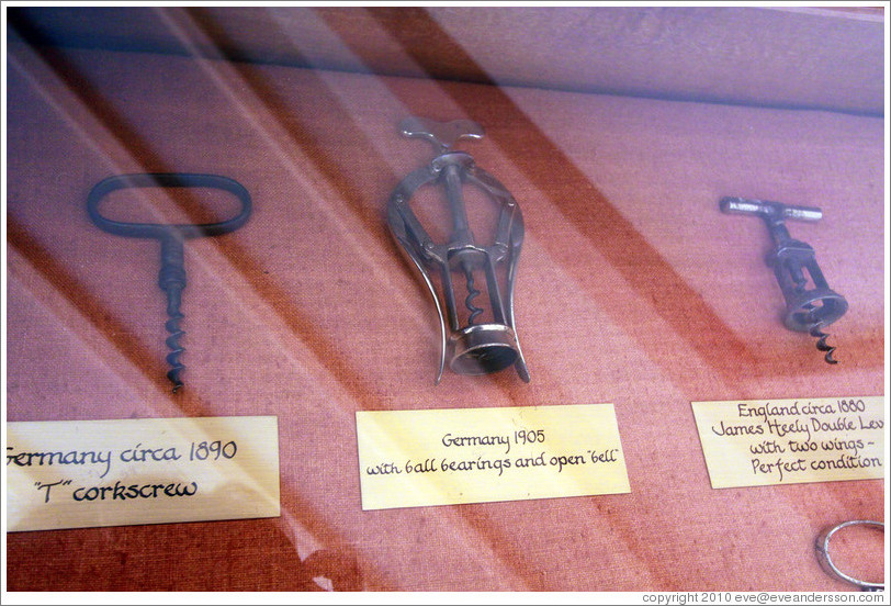 Old corkscrews.  The middle one, made in Germany in 1905, is quite similar to those currently on the market.  Musem, Veramonte Winery.