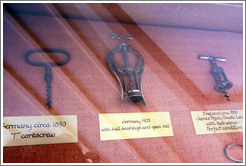 Old corkscrews.  The middle one, made in Germany in 1905, is quite similar to those currently on the market.  Musem, Veramonte Winery.