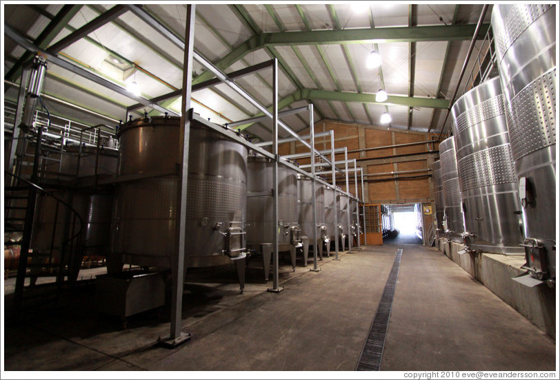 Steel tanks.  The shorter ones on the left are used for pinot noir grapes.  Veramonte Winery.