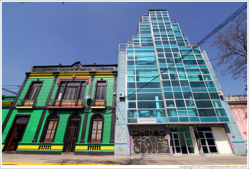 Old building (green, black, yellow, red) and new building (blue glass).  Dardignac, Bellavista.