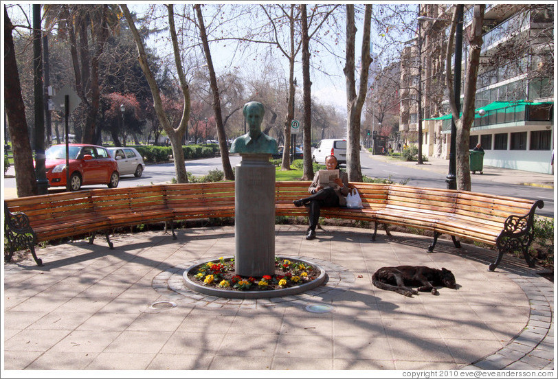 Man reading a newspaper on a bench, while a homeless dog sleeps near by.  Corner of Monjitas and Merced, Barrio Lastarria.