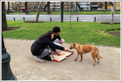 People feeding pizza to a homeless dog.  Parque Forestal.
