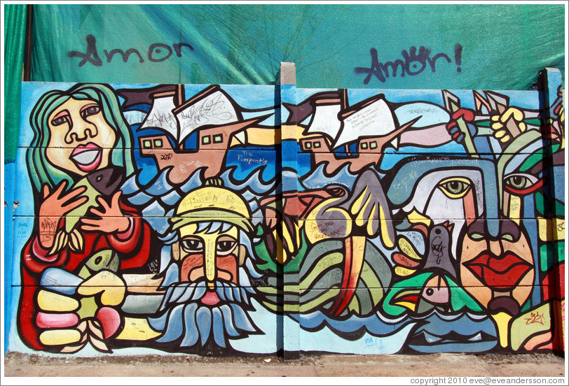 Mural: people, boats, fish, birds.  Fernando M?uez de La Plata, Bellavista neighborhood.