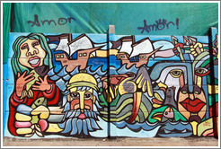 Mural: people, boats, fish, birds.  Fernando M?uez de La Plata, Bellavista neighborhood.
