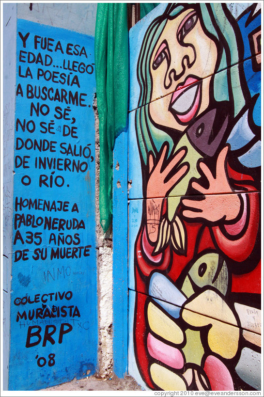 Mural: woman holding fish.  Dedication to Pablo Neruda by Colectivo Muralista BRP.  Fernando M?uez de La Plata, Bellavista neighborhood.