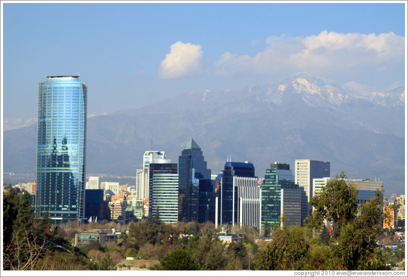 Providencia neighborhood, viewed from Mirador Mapulemu on Cerro San Crist?.  The largest skycraper is the Titanium La Portada tower.