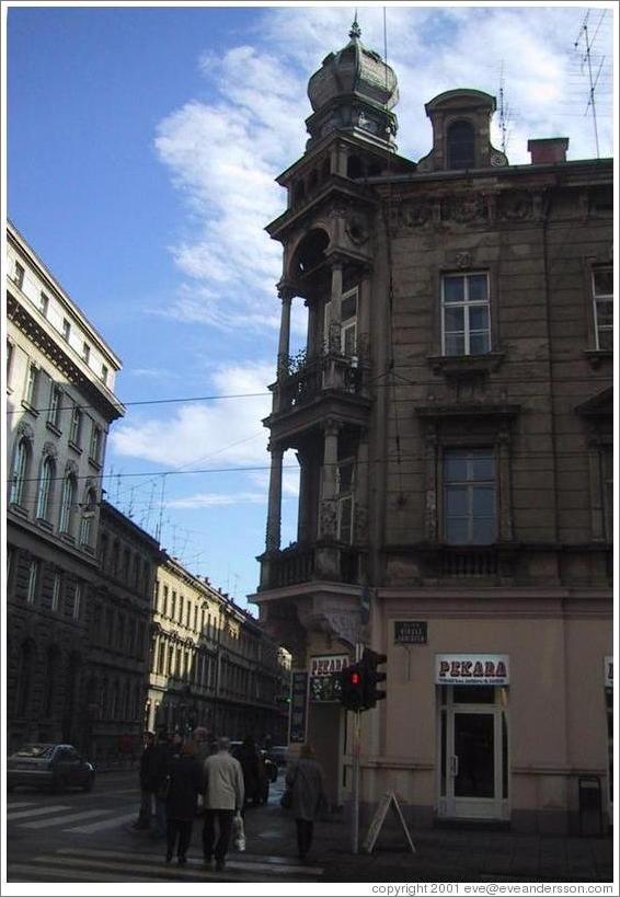 Building with bulb at top in downtown Zagreb.