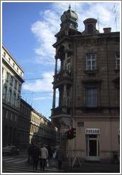 Building with bulb at top in downtown Zagreb.