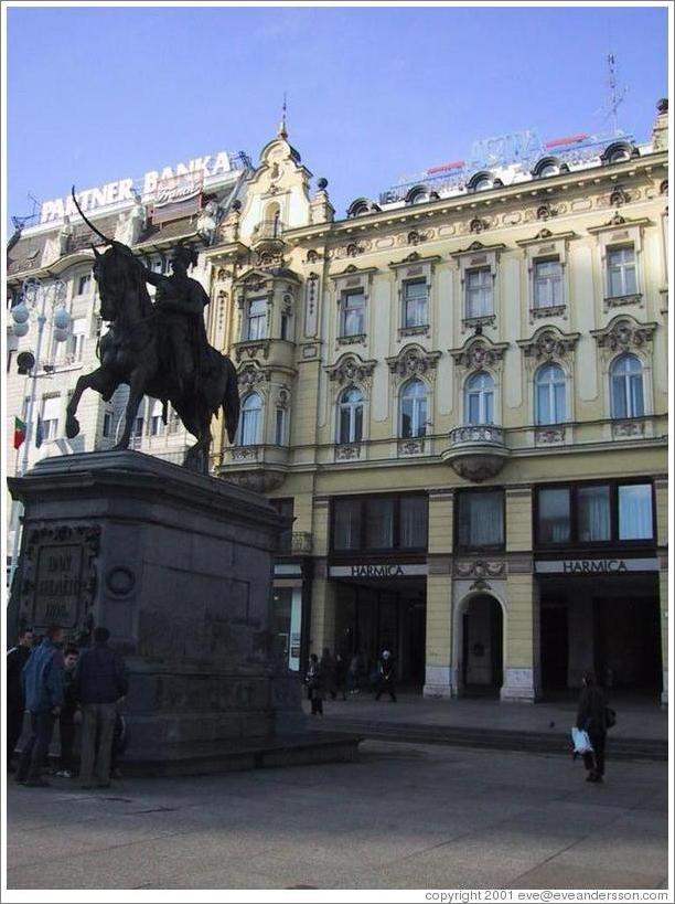 Statue of horse in downtown Zagreb.