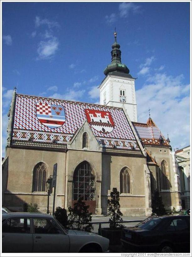 Church with tiled roof in downtown Zagreb.