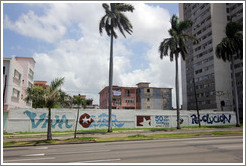 Words painted on a wall on Avenida de la Independencia: "Viva Cuba"; "50 de vanguardia"; "vamos x m&aacute;s"; "Revoluci&oacute;n".