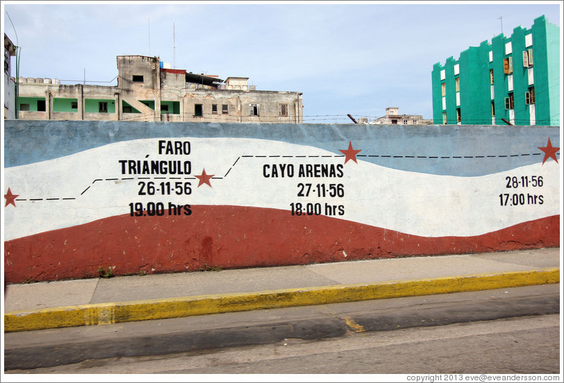 A timeline of the revolution, including Faro Tr&iacute;ngulo and Cayo Arenas, painted on a wall at O Street and Humbolt.