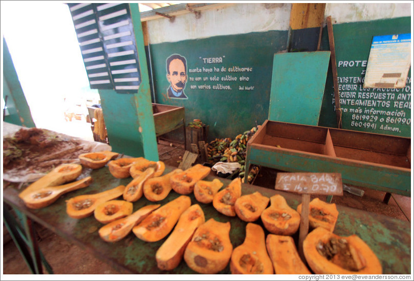 Market with fly-covered open fruit and a picture of Jos&eacute; Mart&iacute; on the wall.