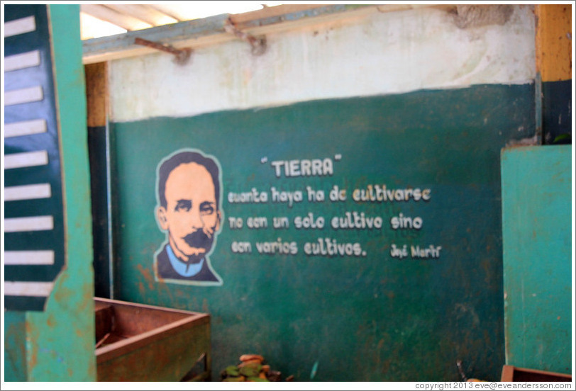 Market wall with a picture of Jos&eacute; Mart&iacute; and the words "Tierra" ("Earth"), and "Cuanta haya ha de cultivarse no con un solo cultivo sino con varios cultivos" ("How much must be cultivated not with one crop but with multiple crops").