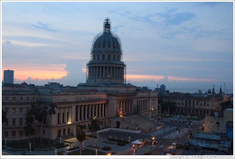 El Capitolio at dusk, seen from the rooftop of Hotel Saratoga.