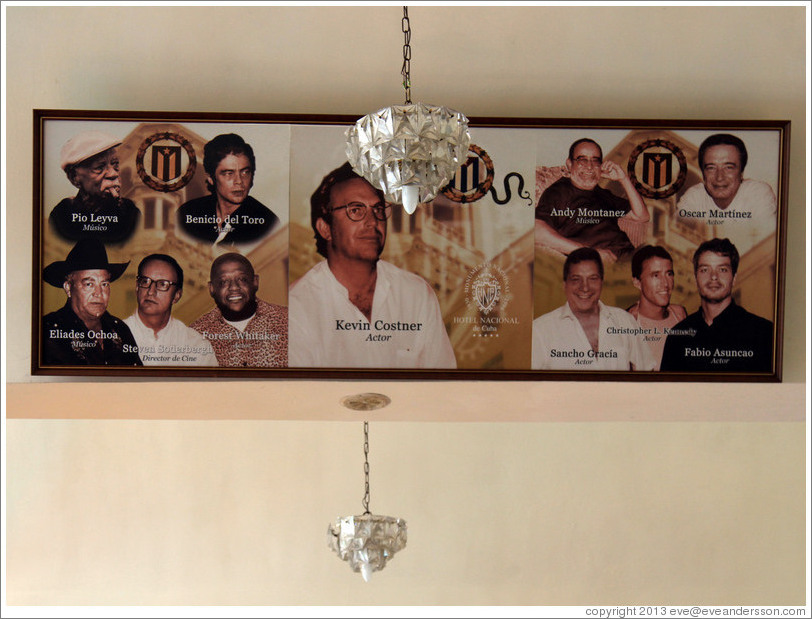 Pictures of famous people who have visited the Hotel Nacional de Cuba, including Kevin Costner.