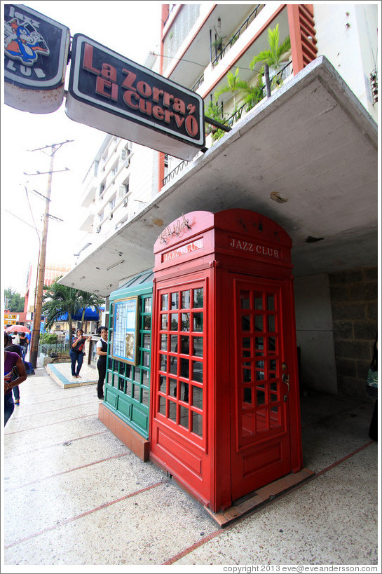 Phone booth entrance to La Zorra y el Cuervo jazz club.