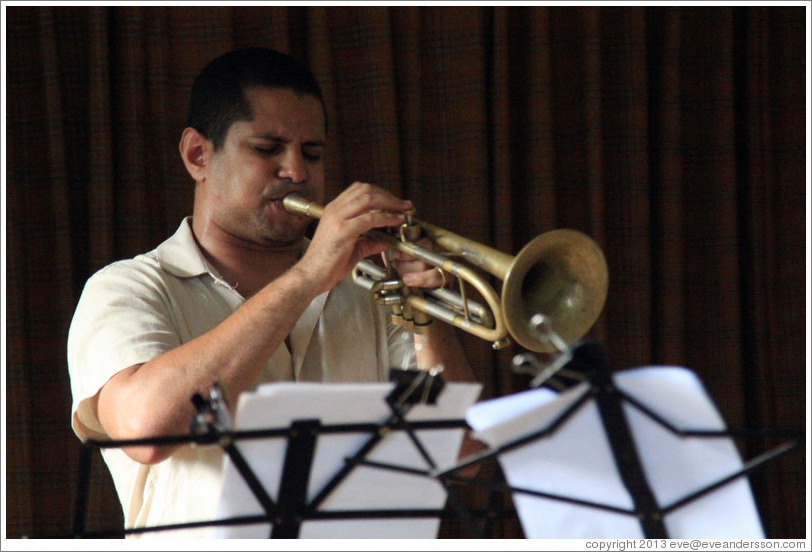 Trumpet player Yasek Manzano Silva, performing at a private home in Miramar.