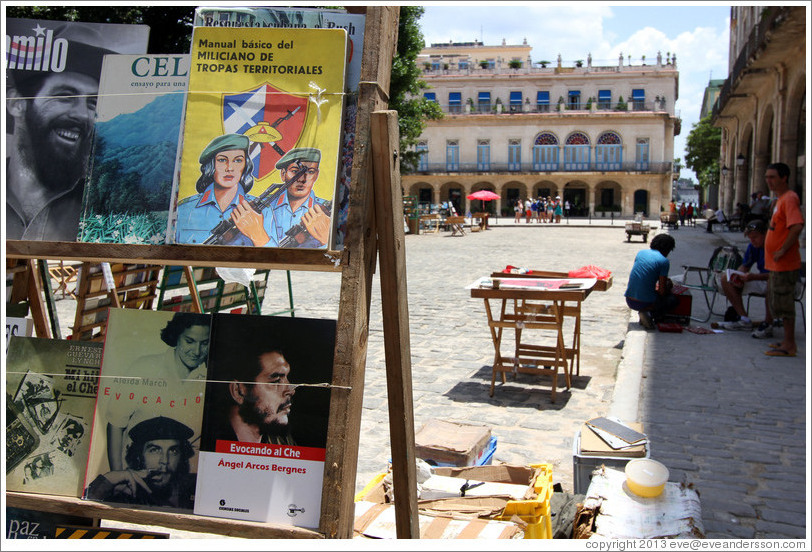 Books, including a "Manu&aacute;l b&aacute;sico del miliciano de tropas teritoriales" (basic manual of the militia of territorial troops), Plaza de Armas, Old Havana.