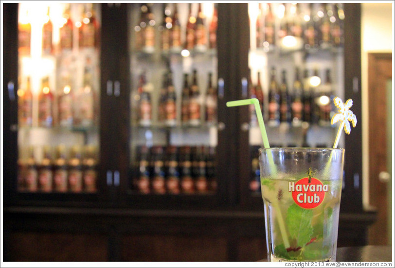 Glass with a the logo of Havana Club, a Cuban rum producer, at Sloppy Joe's Bar.