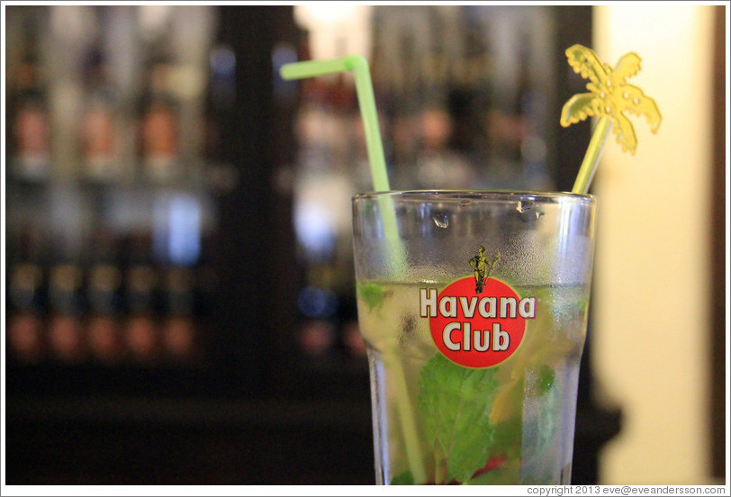 Glass with a the logo of Havana Club, a Cuban rum producer, at Sloppy Joe's Bar.