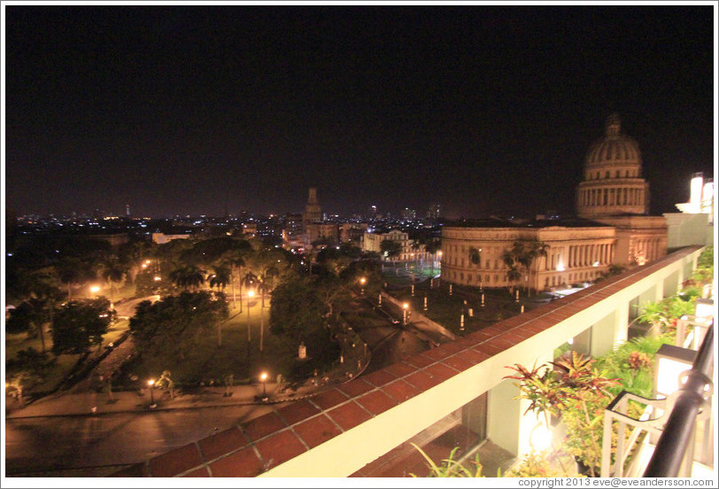 View of Havana from Hotel Saratoga, including the Capitolio, at night.