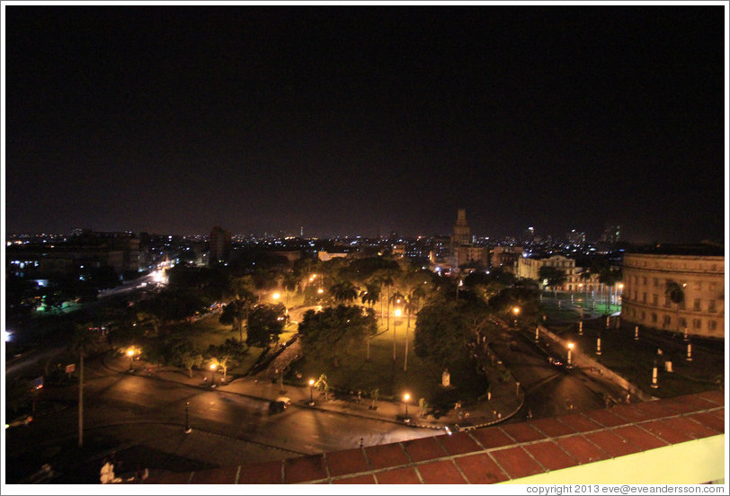 View of Havana from Hotel Saratoga, including Parque Central (Central Park), at night.