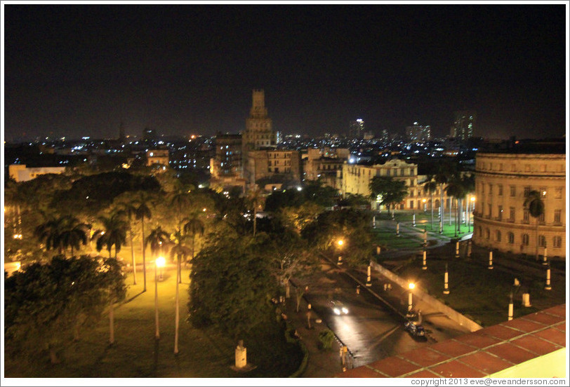 View of Havana from Hotel Saratoga, including Parque Central (Central Park), at night.