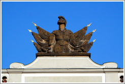 Building detail, with helmet and flags, 1st Courtyard, Prague Castle.