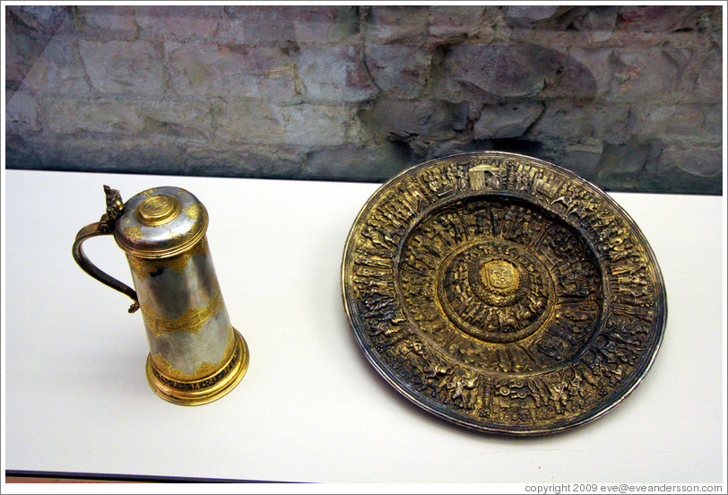 Pitcher with lid from Budapest, late 19th century, and plate after a 14th century original, Portugal, ca 1870-80.  National Gallery, Prague Castle.