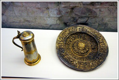 Pitcher with lid from Budapest, late 19th century, and plate after a 14th century original, Portugal, ca 1870-80.  National Gallery, Prague Castle.