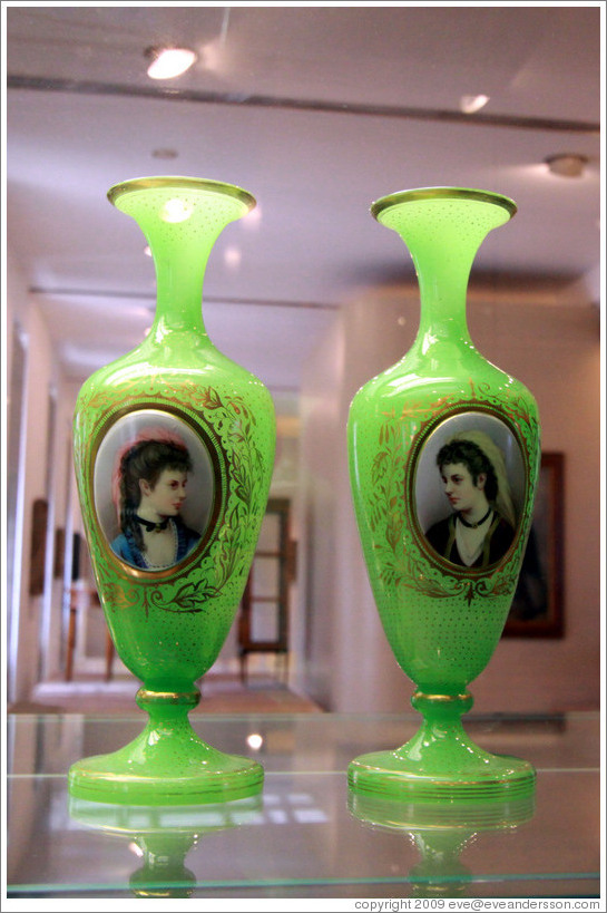 Two vases with portraits.  Nov? Sv&#283;t in the Giant Mountains, ca 1860.  Flashed uranium alabaster glass, painted enamels.  On loan from the Museum of Decorative Arts in Prague.  National Gallery, Prague Castle.