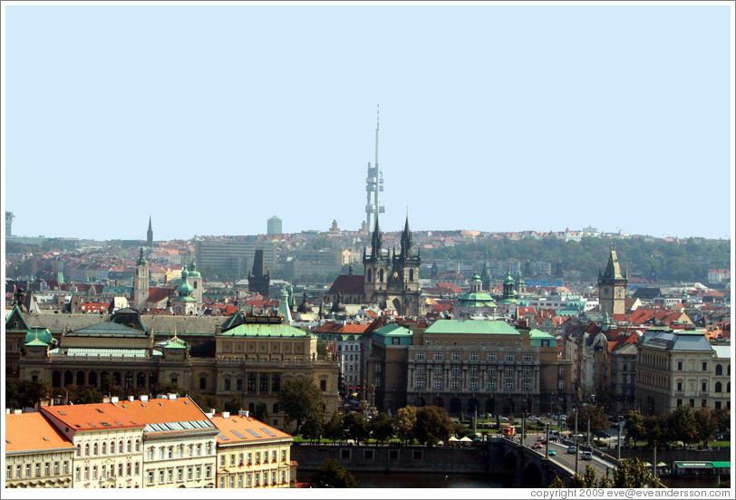 View of Prague from Prague Castle.  The modern television tower, Zizkov Tower, is visible in the background.