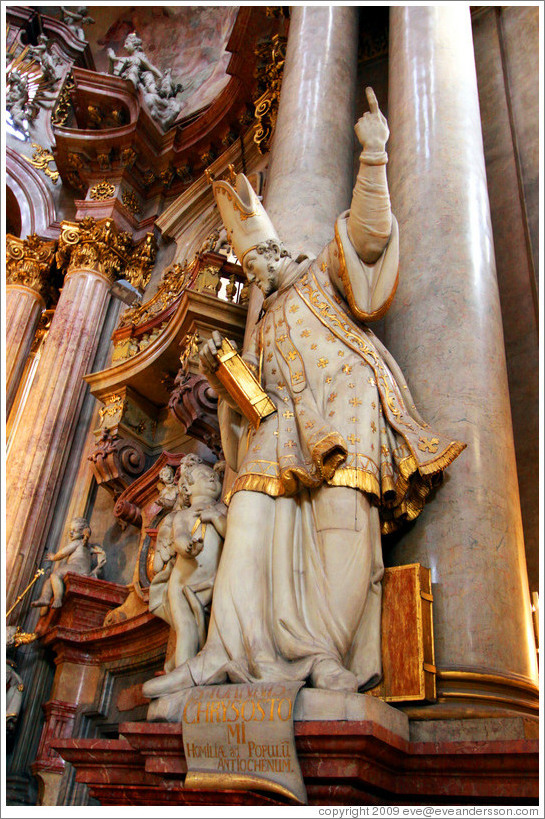 Sculpture of St. John Chrysostom pointing upward, St. Nicholas' Church (Kostel sv. Mikul?), Mal?trana.