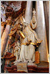 Sculpture of St. John Chrysostom pointing upward, St. Nicholas' Church (Kostel sv. Mikul?), Mal?trana.