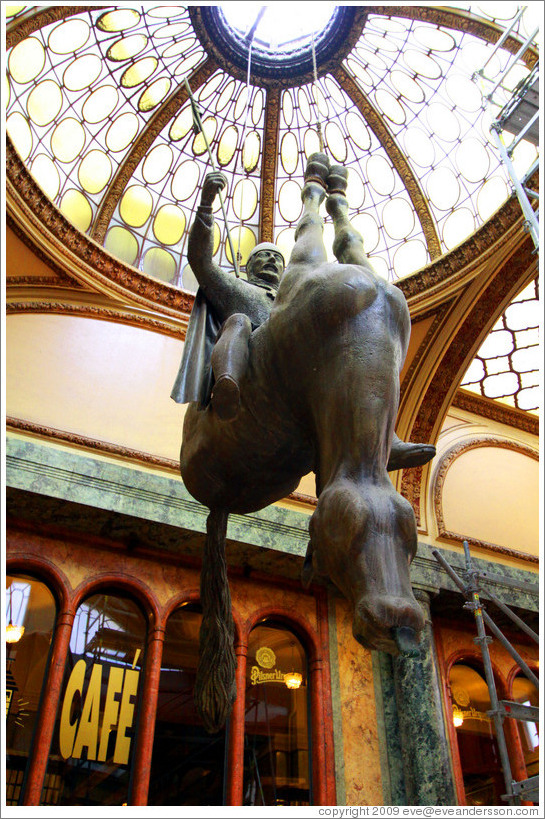 Sculpture of St. Wenceslas and an upside-down horse by David Cerny, Lucerna Passage (Pas?Lucerna), Nov?&#283;sto. 