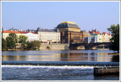 View of Nov?&#283;sto, including the National Theatre (N?dn?ivadlo), from Kampa.  A change in the water level of Vltava River can be seen.