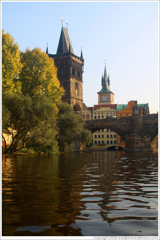 One end of the Charles Bridge (Karl&#367;v Most), viewed from the Vltava River.