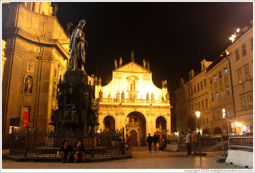 Statue of King Wenceslas (Svat? V?av) and Church of St. Savior (Kostel svat? Salv?ra) at night, Star?&#283;sto.