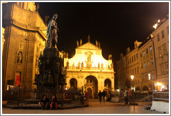 Statue of King Wenceslas (Svat? V?av) and Church of St. Savior (Kostel svat? Salv?ra) at night, Star?&#283;sto.